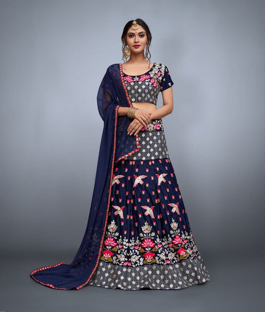 Navy blue velvet silk multicolored thread worked lehenga
