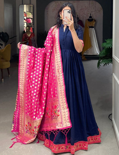Navy blue vichitra silk jacquard weaving work gown with paithni dupatta