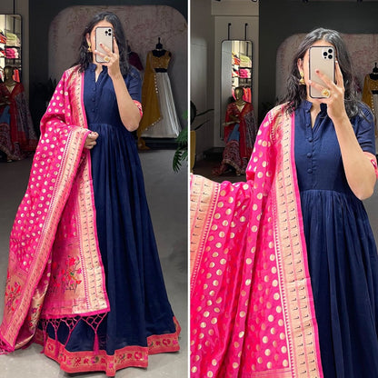 Navy blue vichitra silk jacquard weaving work gown with paithni dupatta