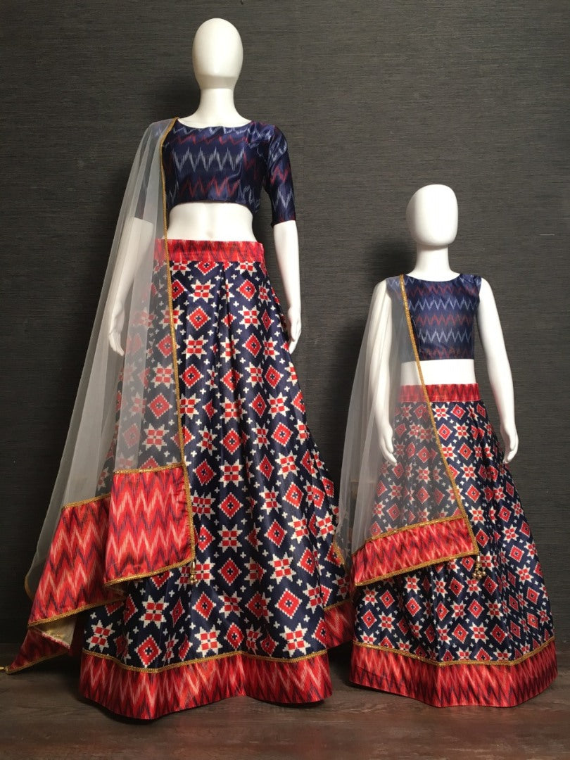 Navy blue zari satin red print lehenga choli for occasion