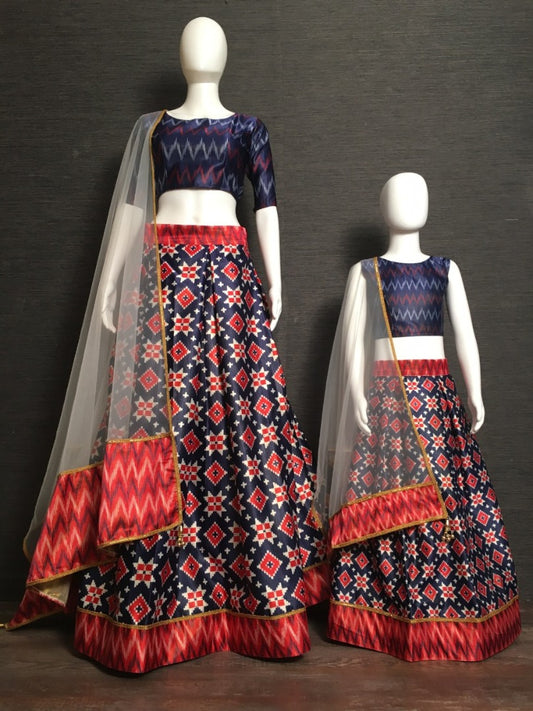 Navy blue zari satin red print lehenga choli for occasion