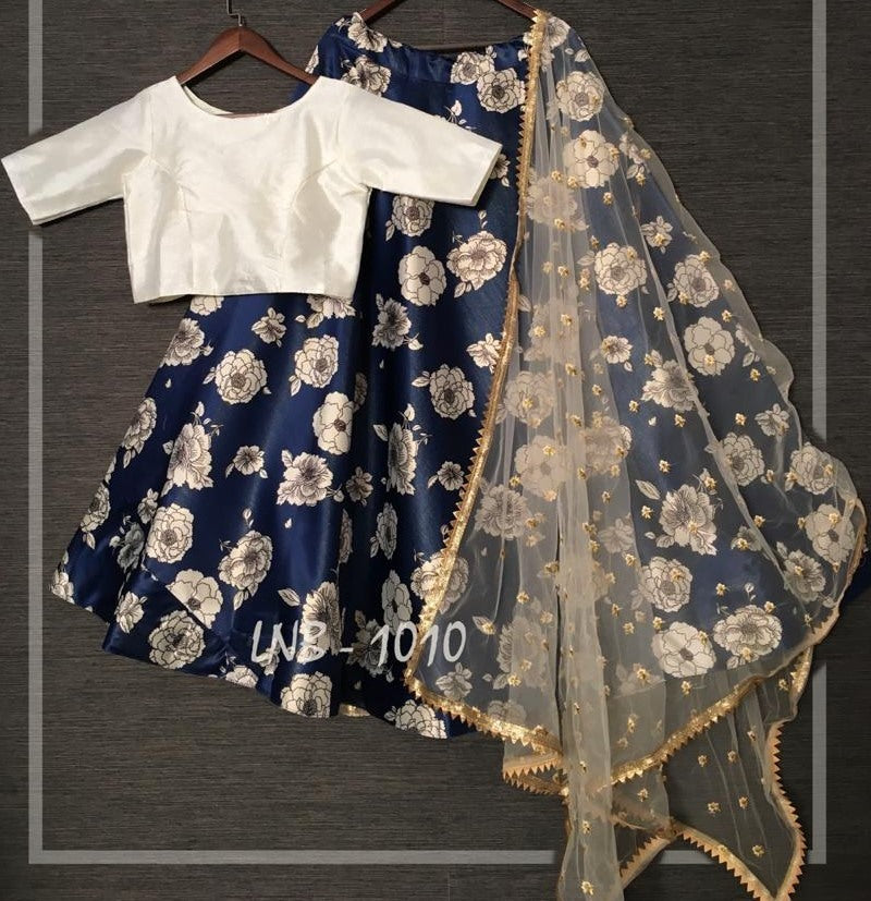 Navy blue zari satin silk flower printed party wear lehenga choli