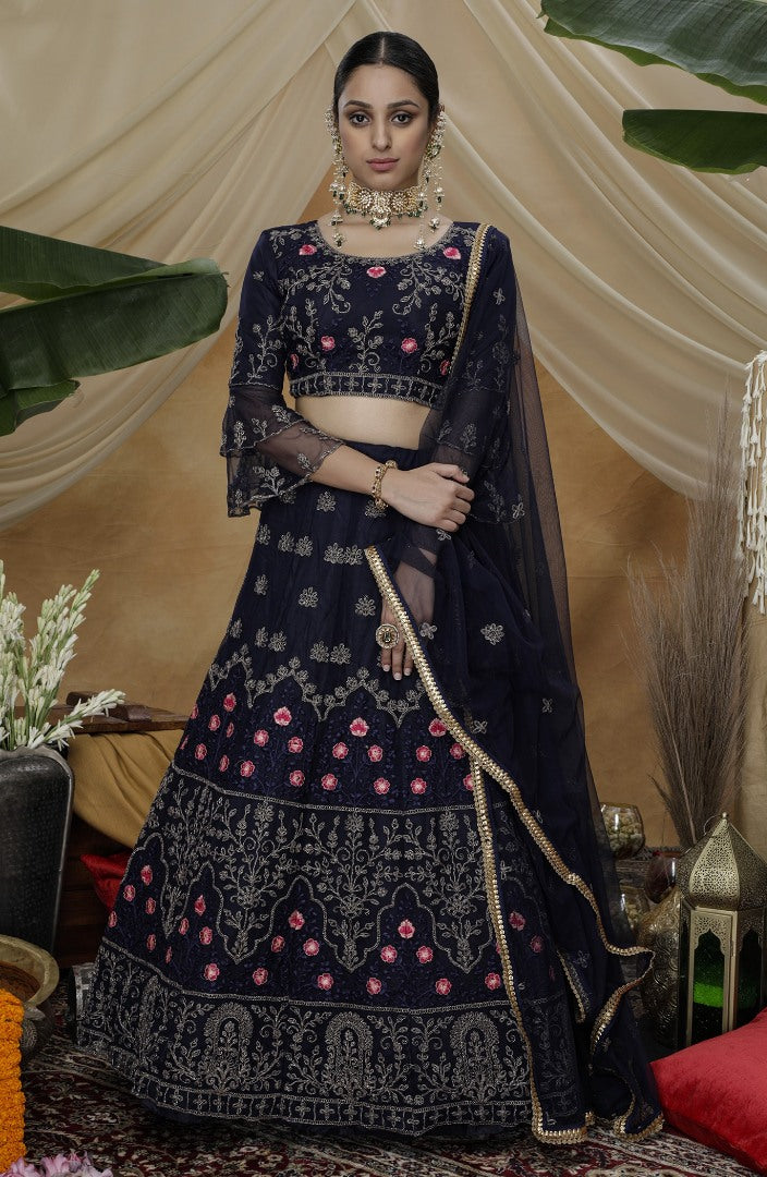 Navy net heavy sequence embroidered wedding lehenga choli
