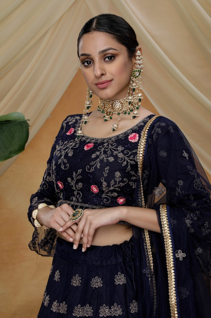 Navy net heavy sequence embroidered wedding lehenga choli