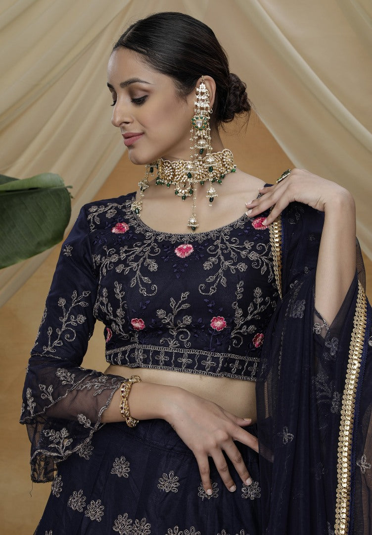 Navy net heavy sequence embroidered wedding lehenga choli