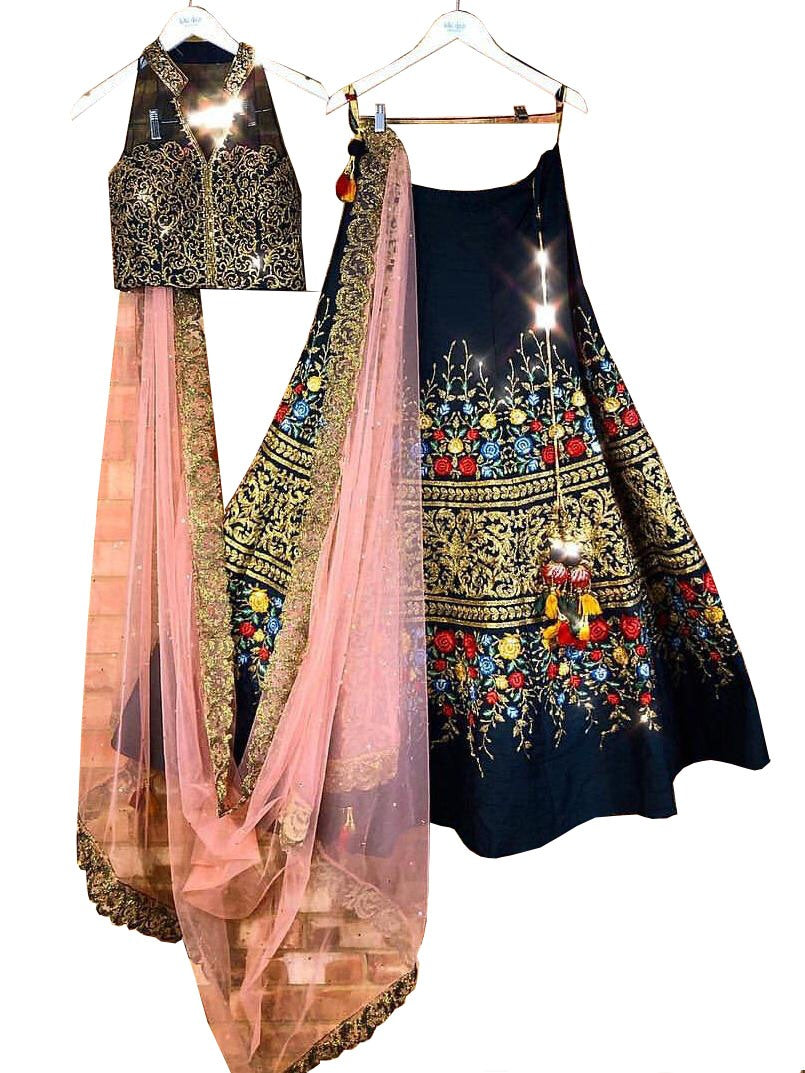 Navy velvet designer multi threadworked heavy wedding lehenga choli