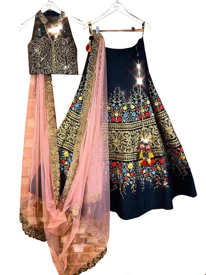 Navy velvet designer multi threadworked heavy wedding lehenga choli