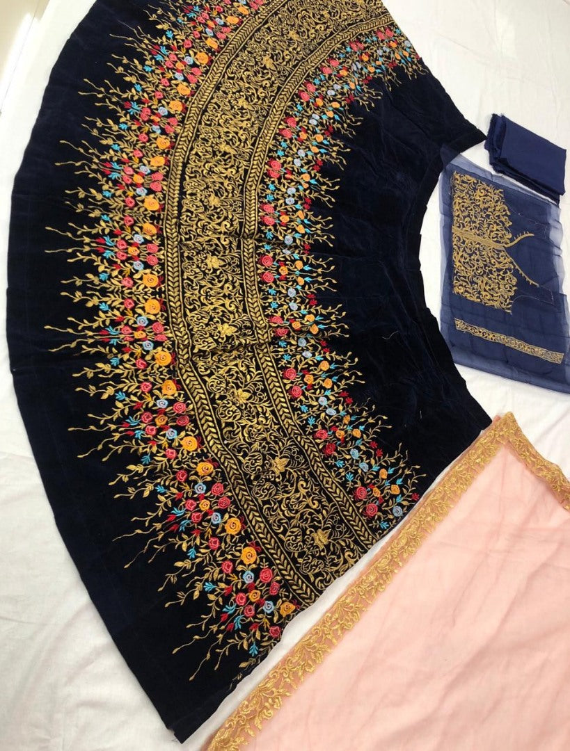 Navy velvet designer multi threadworked heavy wedding lehenga choli