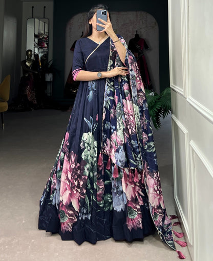 Tussar silk floral printed long stylish gown