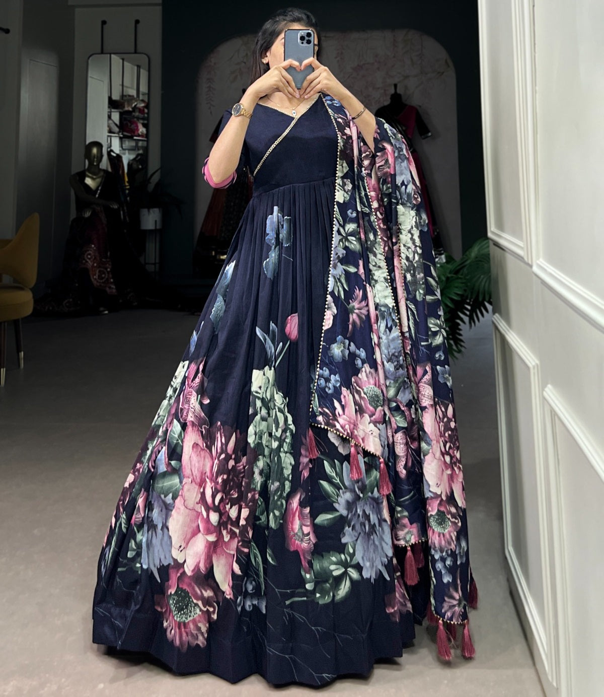 Tussar silk floral printed long stylish gown Navy Free Size