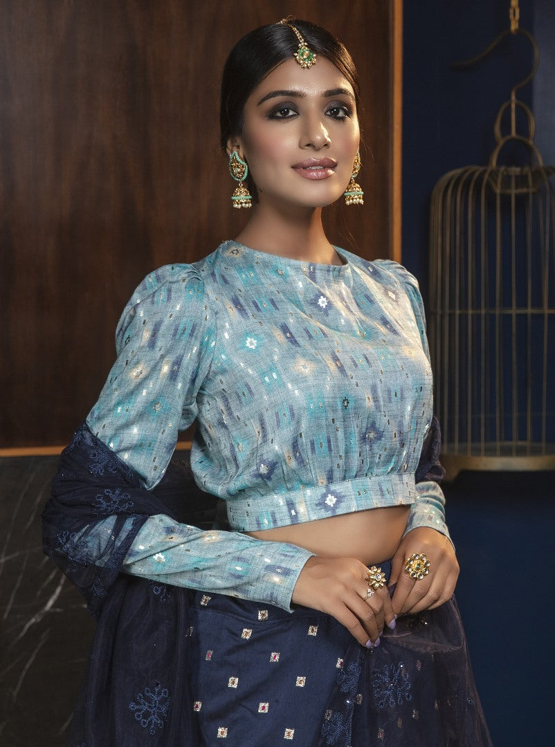 Neavy blue cotton jacquard embroidered party wear lehenga choli