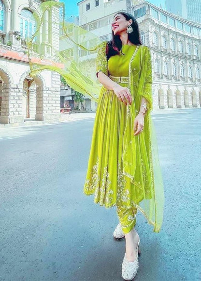 Neon georgette embroidered anarkali suit