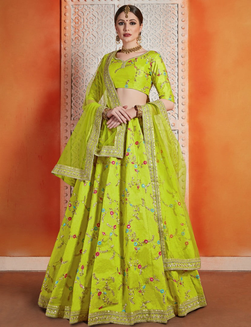 Neon green art silk sequence thread work ceremonial lehenga choli