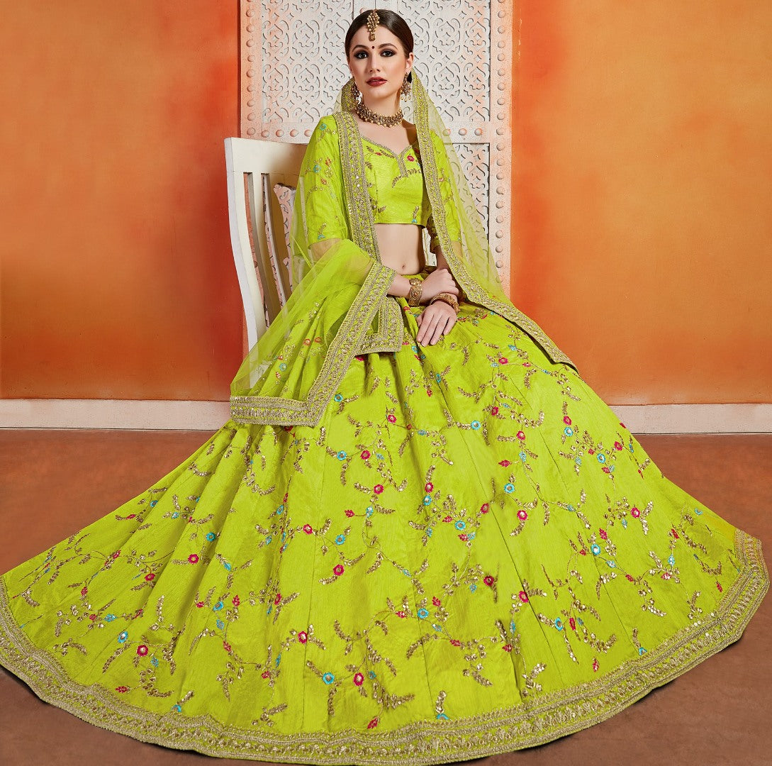 Neon green art silk sequence thread work ceremonial lehenga choli