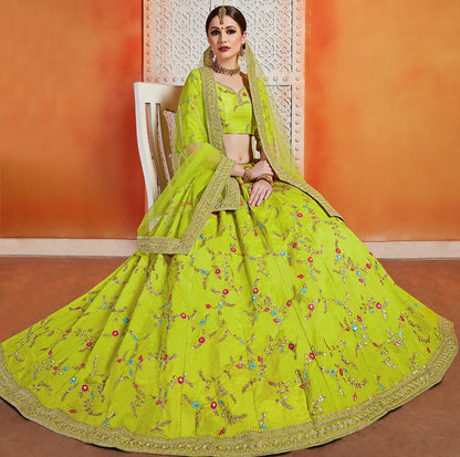 Neon green art silk sequence thread work ceremonial lehenga choli