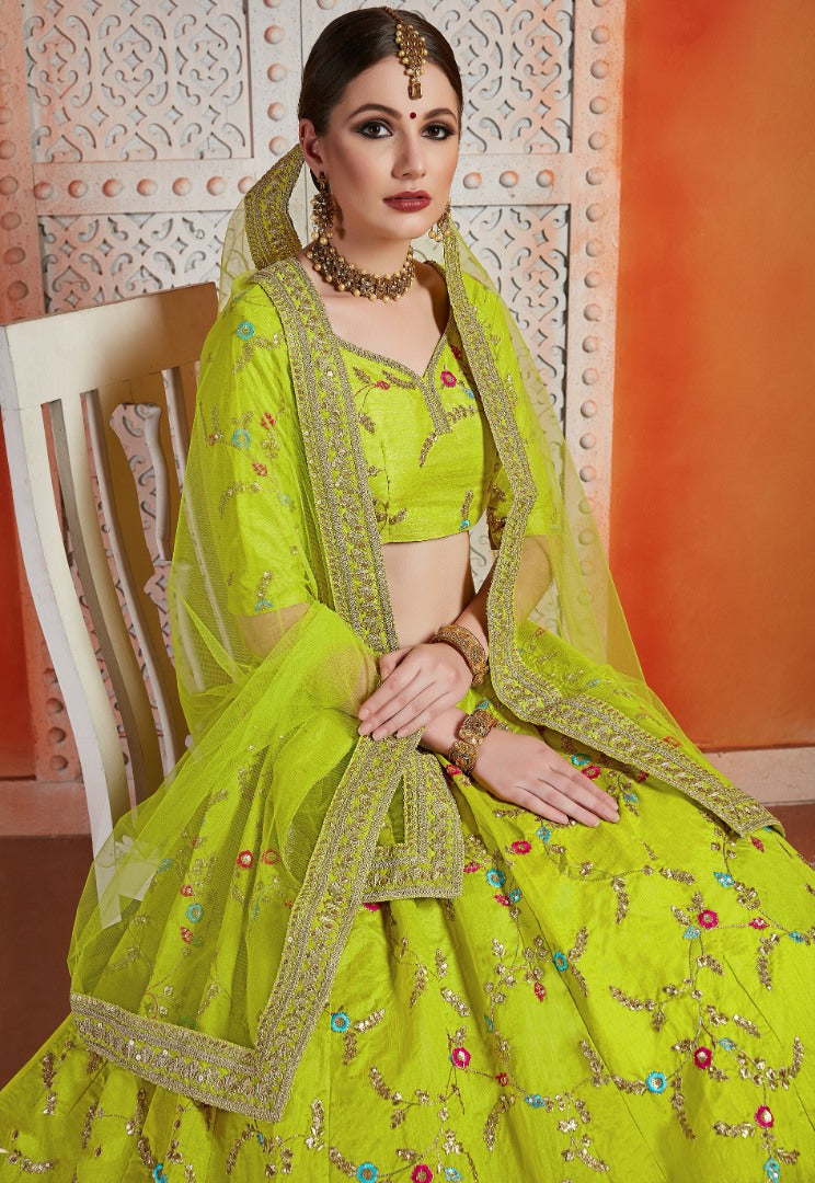 Neon green art silk sequence thread work ceremonial lehenga choli