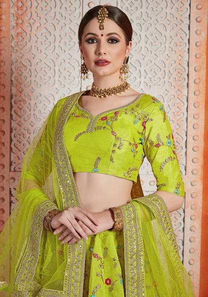 Neon green art silk sequence thread work ceremonial lehenga choli