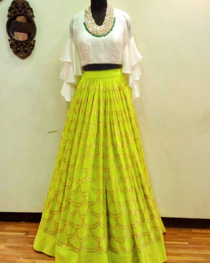 Neon green embroidery work crop top lehenga