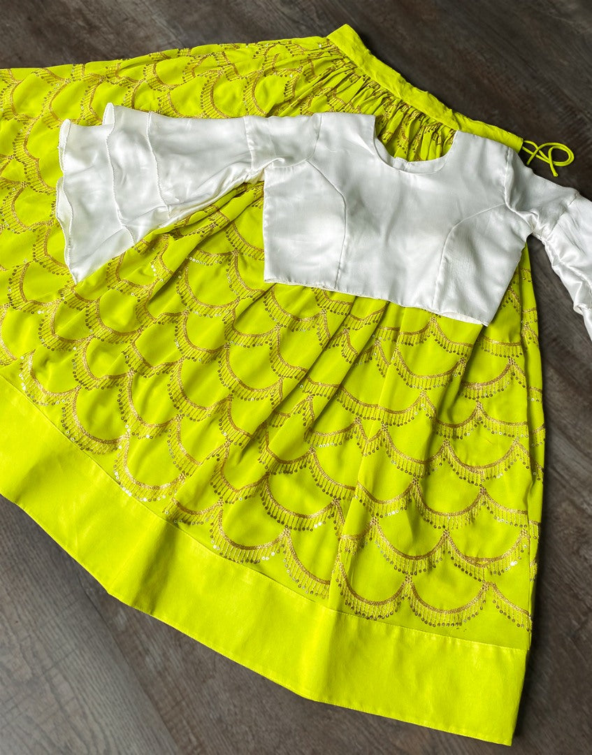 Neon green embroidery work crop top lehenga