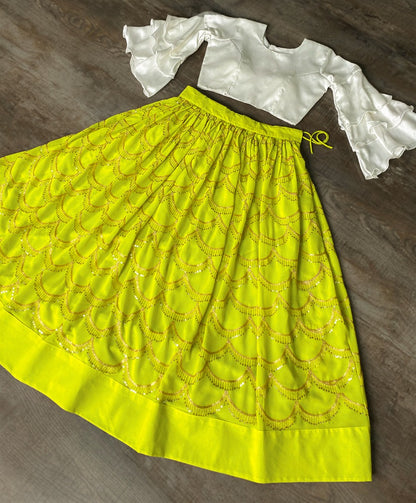 Neon green embroidery work crop top lehenga