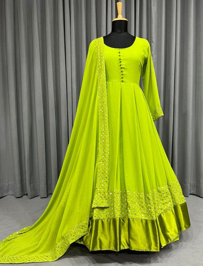 Neon green georgette thread embroidered party wear anarkali suit
