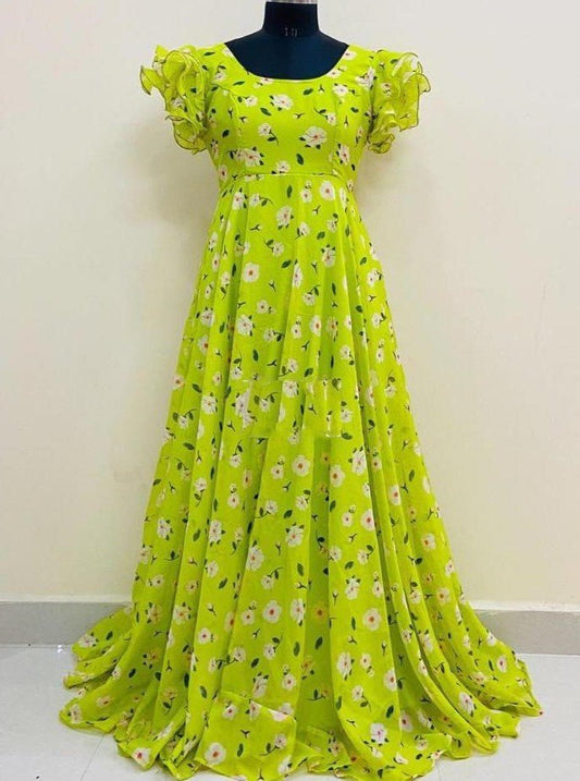 Neon green heavy georgette digital flower printed gown