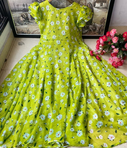 Neon green heavy georgette digital flower printed gown