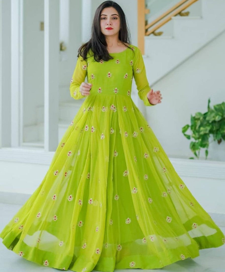 Neon green heavy georgette side embroidered work party wear gown
