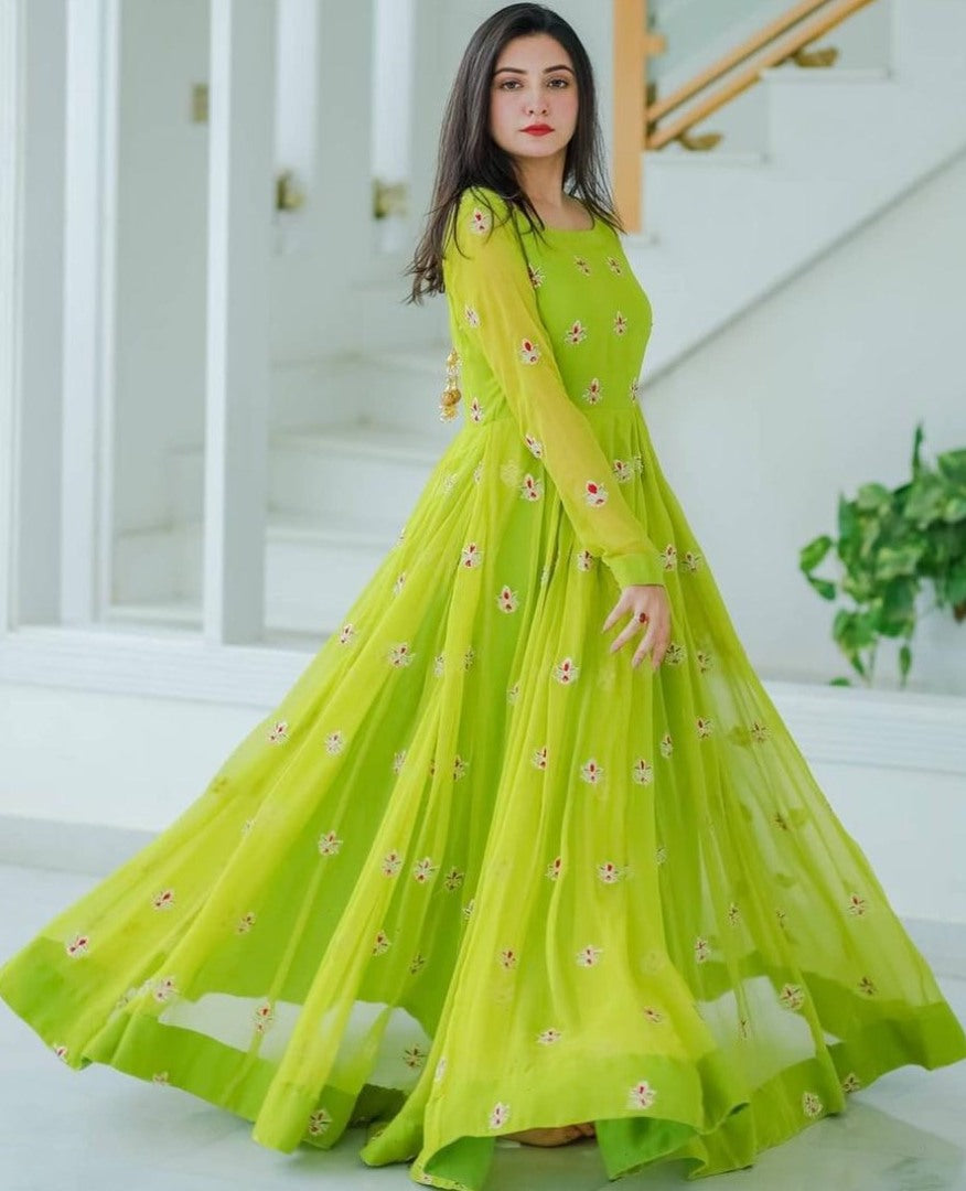 Neon green heavy georgette side embroidered work party wear gown