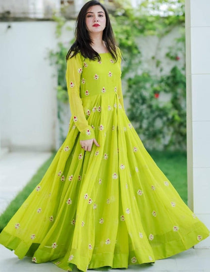Neon green heavy georgette side embroidered work party wear gown
