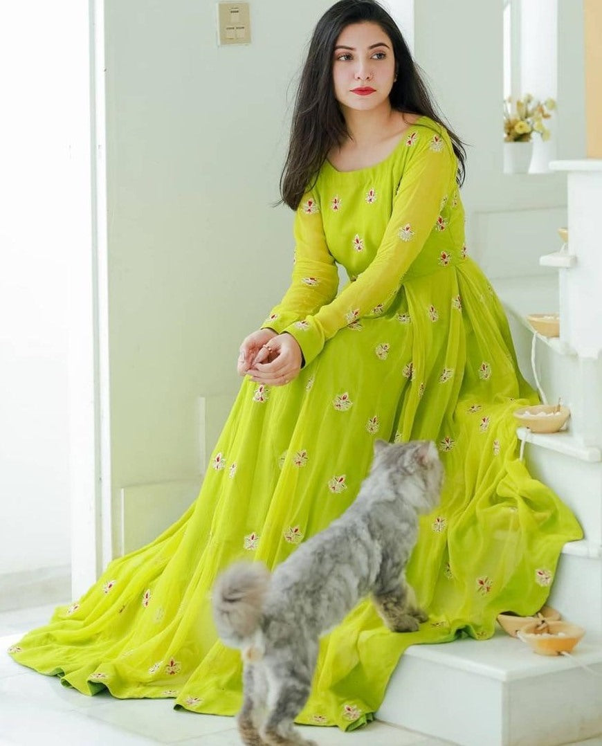 Neon green heavy georgette side embroidered work party wear gown