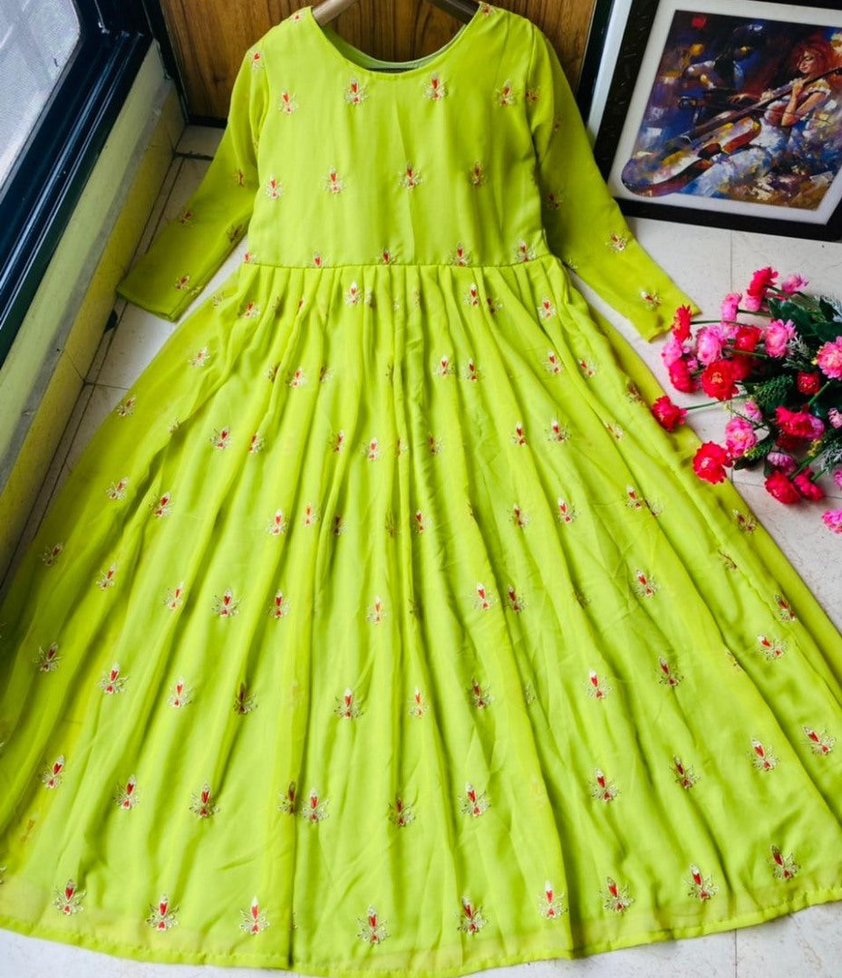 Neon green heavy georgette side embroidered work party wear gown