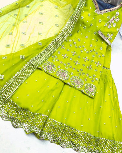 Neon green heavy georgette zari embroidered work sharara suit