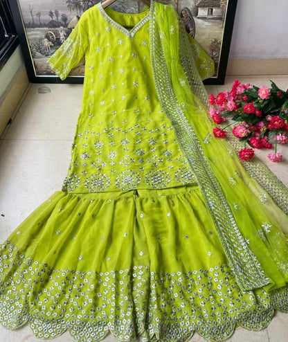Neon green heavy georgette zari embroidered work sharara suit