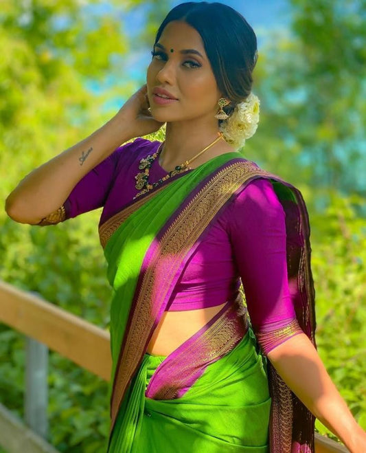 Neon green kanchipuram silk jacquard weaving work wedding saree