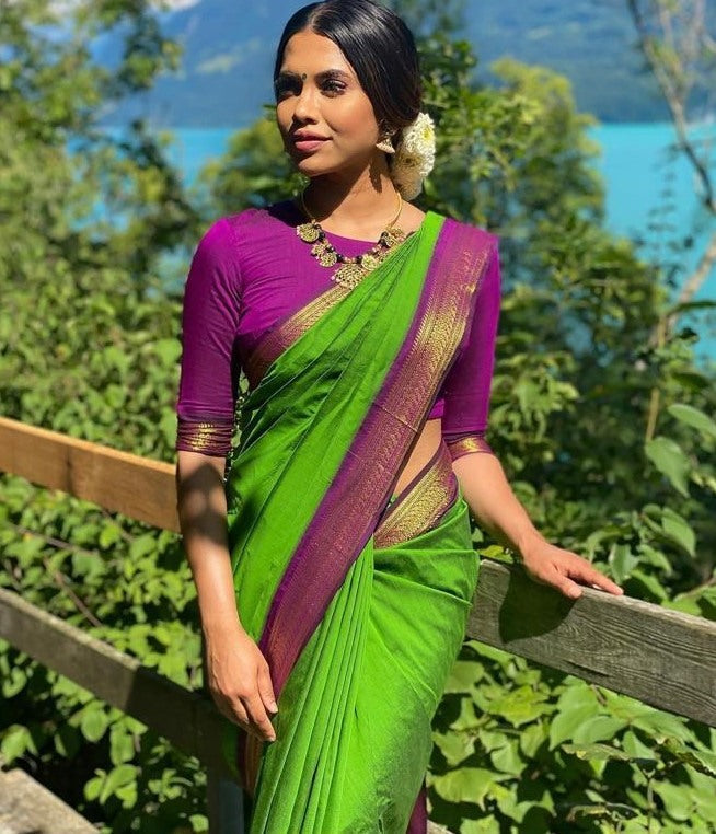 Neon green kanchipuram silk jacquard weaving work wedding saree