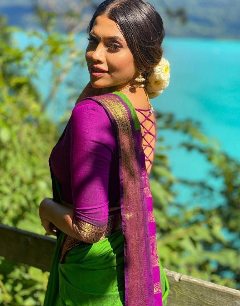 Neon green kanchipuram silk jacquard weaving work wedding saree