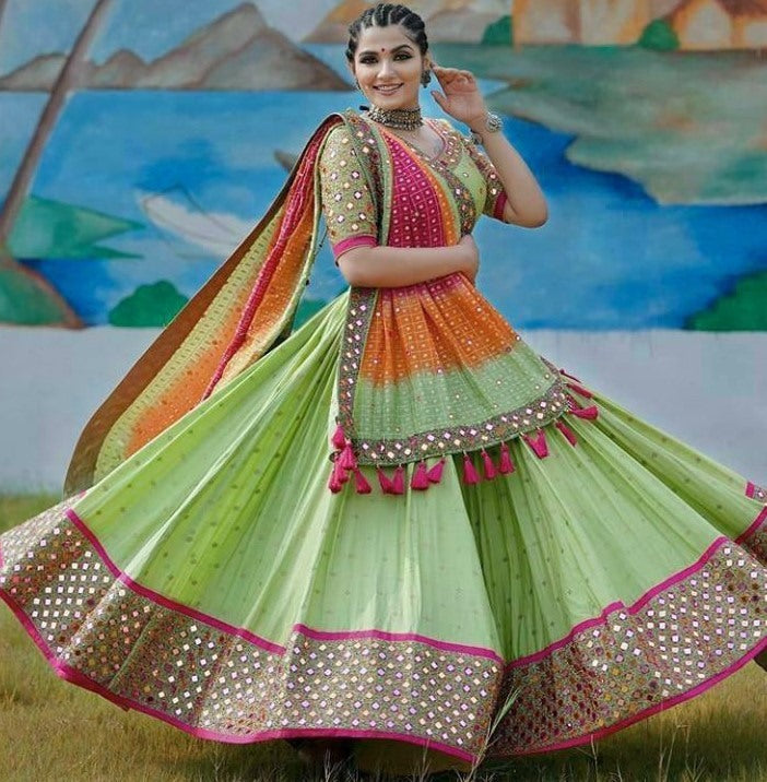 Neon green soft butter silk digital printed real mirror work lehenga choli
