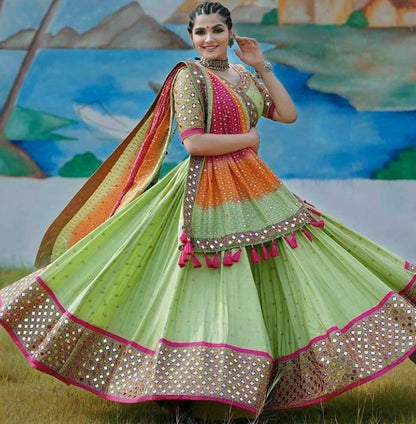 Neon green soft butter silk digital printed real mirror work lehenga choli