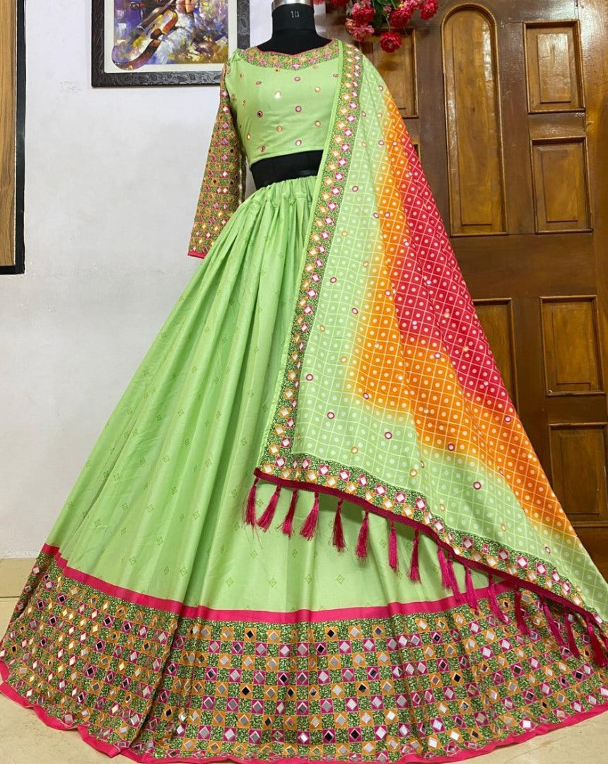 Neon green soft butter silk digital printed real mirror work lehenga choli