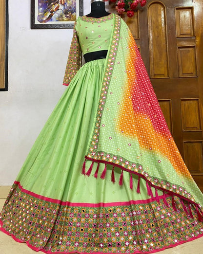 Neon green soft butter silk digital printed real mirror work lehenga choli