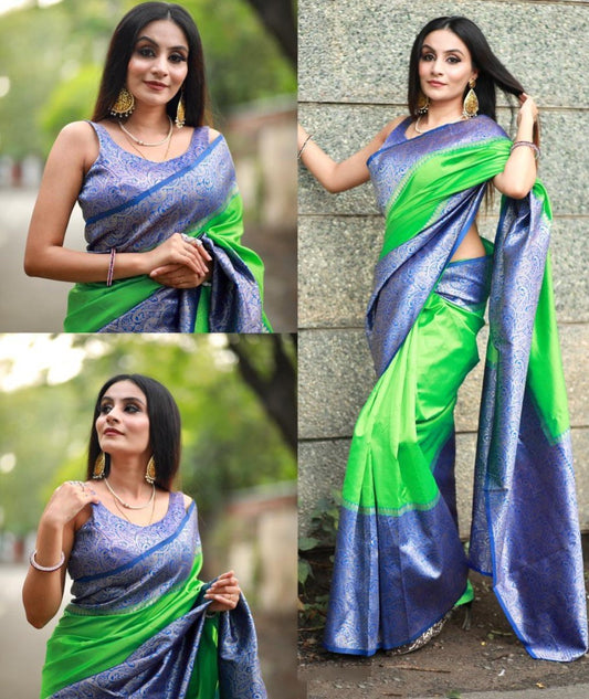 Neon green soft lichi silk jacquard weaving work saree