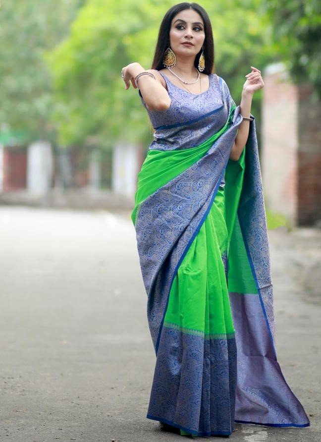 Neon green soft lichi silk jacquard weaving work saree