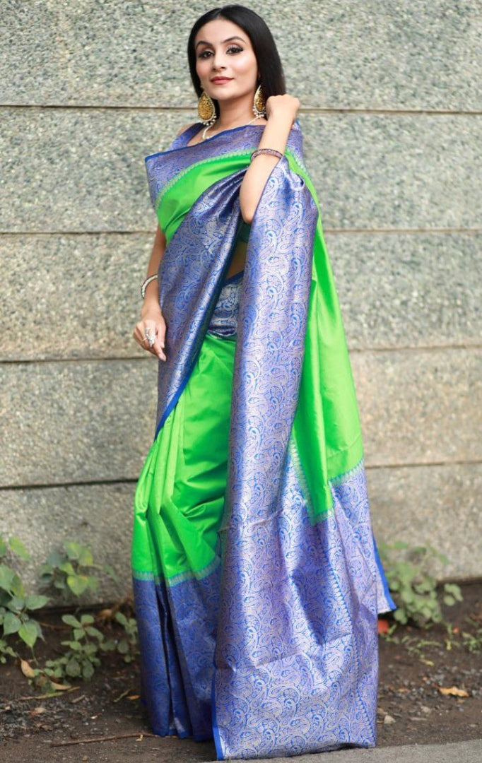 Neon green soft lichi silk jacquard weaving work saree
