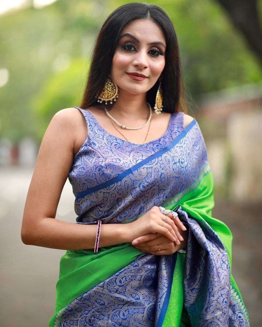 Neon green soft lichi silk jacquard weaving work saree