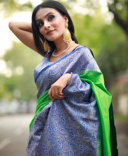 Neon green soft lichi silk jacquard weaving work saree