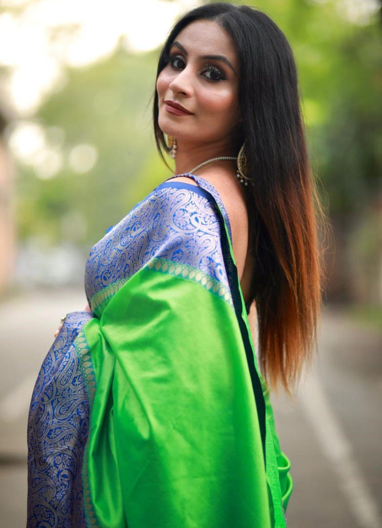 Neon green soft lichi silk jacquard weaving work saree