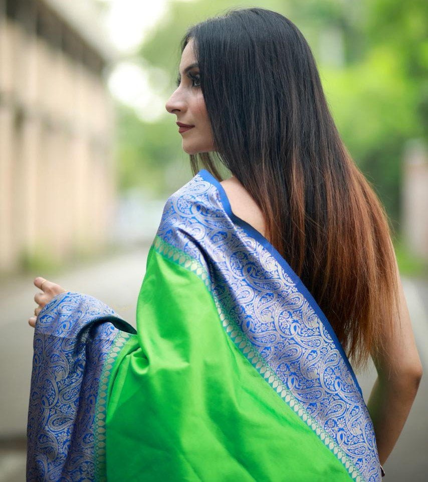 Neon green soft lichi silk jacquard weaving work saree