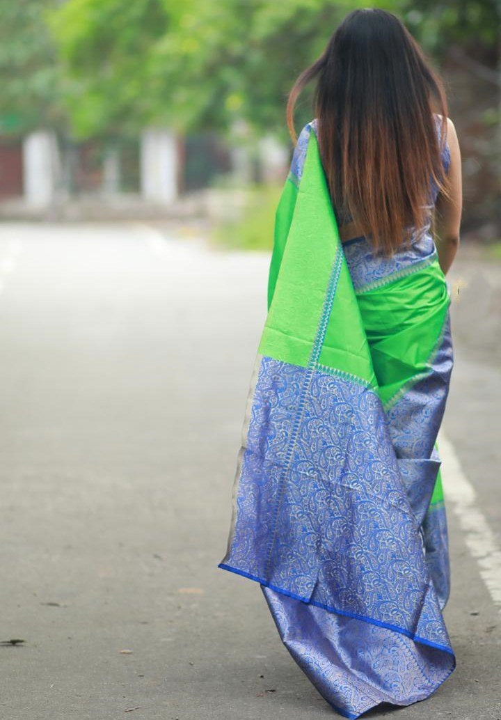 Neon green soft lichi silk jacquard weaving work saree