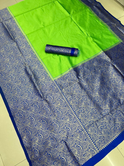 Neon green soft lichi silk jacquard weaving work saree